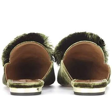 Divanne Mules for Women, Puff Pompom-Embellished Slip On Loafers Backless Pointed Toe Satin Mule Slides-Green-6M US