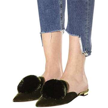 Divanne Mules for Women, Puff Pompom-Embellished Slip On Loafers Backless Pointed Toe Satin Mule Slides-Green-6M US