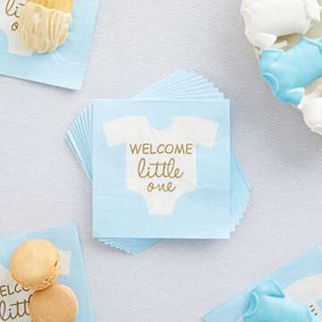 BLUE PANDA 100-Pack Welcome Little One Baby Shower Napkins for Boys - Gold Foil Gender Reveal Decora...