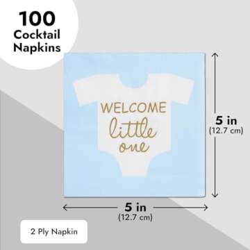 BLUE PANDA 100-Pack Welcome Little One Baby Shower Napkins for Boys - Gold Foil Gender Reveal Decorations - Light Blue (5x5 In)