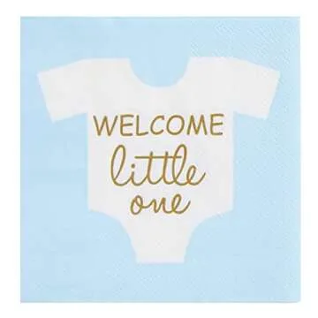 BLUE PANDA 100-Pack Welcome Little One Baby Shower Napkins for Boys - Gold Foil Gender Reveal Decorations - Light Blue (5x5 In)