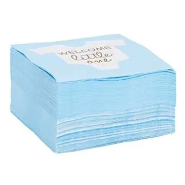 BLUE PANDA 100-Pack Welcome Little One Baby Shower Napkins for Boys - Gold Foil Gender Reveal Decorations - Light Blue (5x5 In)
