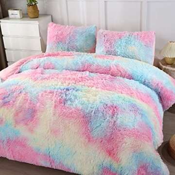 PERFEMET Pink Faux Fur Girls Comforter Set Twin Size 3Pcs Plush Shaggy Tie Dye Fluffy Comforter Bedding Set Colorful Rainbow Ombre Velvet Furry Bed Comforter Set (Pink Pastel, Twin)