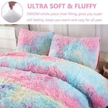 PERFEMET Pink Faux Fur Girls Comforter Set Twin Size 3Pcs Plush Shaggy Tie Dye Fluffy Comforter Bedding Set Colorful Rainbow Ombre Velvet Furry Bed Comforter Set (Pink Pastel, Twin)