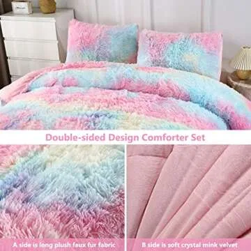 PERFEMET Pink Faux Fur Girls Comforter Set Twin Size 3Pcs Plush Shaggy Tie Dye Fluffy Comforter Bedding Set Colorful Rainbow Ombre Velvet Furry Bed Comforter Set (Pink Pastel, Twin)