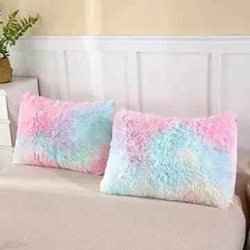 PERFEMET Pink Faux Fur Girls Comforter Set Twin Size 3Pcs Plush Shaggy Tie Dye Fluffy Comforter Bedding Set Colorful Rainbow Ombre Velvet Furry Bed Comforter Set (Pink Pastel, Twin)