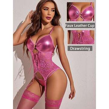 Avidlove Pink Lingerie Sexy Lingerie Bodysuit Set Leather Corset Lingerie With Garters Peach XXL