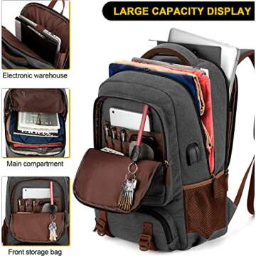 Tzowla Canvas Laptop Backpack,Bag for Men Women,Travel Work Rucksack Fits 15.6 Inch Laptop, Bookbag with USB Charging Port-Dark Grey