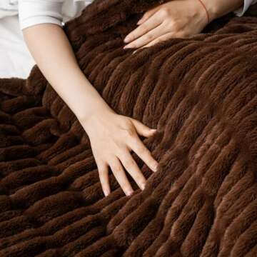 BATTILO HOME Rust Brown Faux Fur Throw Blanket for Bed, Large Double Side Reversible Ruched Rabbit Fur Blanket for Couch, Bed, Cozy Blanket Soft Warm Mink Blanket, 60x80 Inches