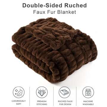 BATTILO HOME Rust Brown Faux Fur Throw Blanket for Bed, Large Double Side Reversible Ruched Rabbit Fur Blanket for Couch, Bed, Cozy Blanket Soft Warm Mink Blanket, 60x80 Inches