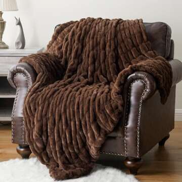 BATTILO HOME Rust Brown Faux Fur Throw Blanket for Bed, Large Double Side Reversible Ruched Rabbit Fur Blanket for Couch, Bed, Cozy Blanket Soft Warm Mink Blanket, 60x80 Inches