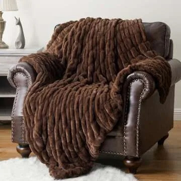 BATTILO HOME Rust Brown Faux Fur Throw Blanket for Bed, Large Double Side Reversible Ruched Rabbit Fur Blanket for Couch, Bed, Cozy Blanket Soft Warm Mink Blanket, 60x80 Inches