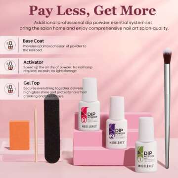Modelones Dip Powder Nail Kit Starter, 4 Colors Nude Pink Bubble Bath Glitter Snow White Skin Nail Dip Powder Kit with Dip Powder Liquid Set Base Top Activator DIY Kit