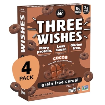 Plant-Based and Vegan Breakfast Cereal by Three Wishes - Cocoa, 4 Pack - More Protein and Less Sugar...