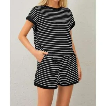 Burtell Women Summer 2 Piece Lounge Sets Striped Short Sleeve Tee Shirts Mini Shorts Loungewear Shorts Set Ribbed Pajama Set