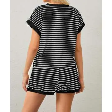Burtell Women Summer 2 Piece Lounge Sets Striped Short Sleeve Tee Shirts Mini Shorts Loungewear Shorts Set Ribbed Pajama Set