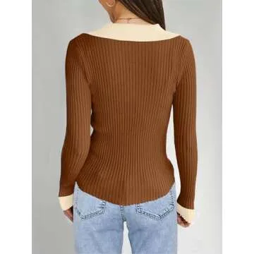 MEROKEETY Women's 2024 Fall Long Sleeve V Neck Shirts Trendy Casual Ribbed Knit Sweater Tee Tops, Br...