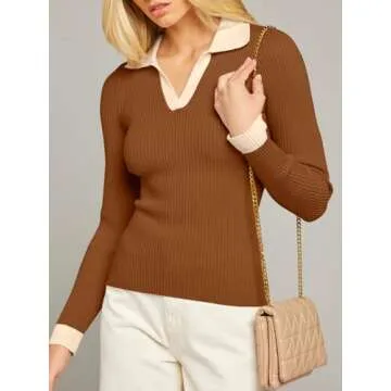 MEROKEETY Women's 2024 Fall Long Sleeve V Neck Shirts Trendy Casual Ribbed Knit Sweater Tee Tops, Brown, Medium