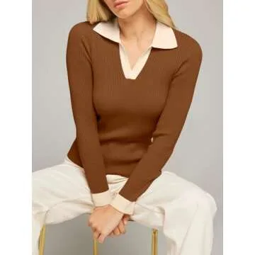 MEROKEETY Women's 2024 Fall Long Sleeve V Neck Shirts Trendy Casual Ribbed Knit Sweater Tee Tops, Brown, Medium