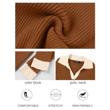 MEROKEETY Women's 2024 Fall Long Sleeve V Neck Shirts Trendy Casual Ribbed Knit Sweater Tee Tops, Brown, Medium