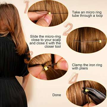 Chuangdi Sew in Hair Extension Tool Kit, 600 Silicone Lined Micro Ring Beads 1 Pliers 2 Hook Needle Pulling Loop 10 Curved Hair Needle 4 Alligator Clips 1 Comb 100 Black Mini Rubber Band