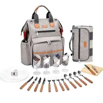 Picnic Backpack for 4 Person Picnic Set with Insulated Bag and Waterproof Picnic Blanket for Family Outdoor Camping - Khaki