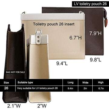 OAikor Upgraded Purse Insert Organizer Bag Fit Toiletry Pouch 26 Premium Microfiber Leather with D Rings, Waterproof Bag Insert for lv Pouch 26 Khaki (Large-26, Beige)
