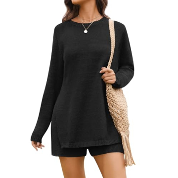 NENONA Women's 2025 Casual Two Piece Knit Outfits Long Sleeve Tunic Sweaters Top and Shorts Lounge S...