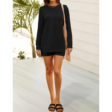 NENONA Women's 2025 Casual Two Piece Knit Outfits Long Sleeve Tunic Sweaters Top and Shorts Lounge Sets,Black,XL