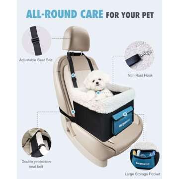 BurgeonNest Dog Carseat for Small Dogs, Puppy Portable Pet Booster Seat for Car with Upgrade Base Design, Adjustable Straps, with Storage Pockets, Clip-On Leash Portable Puppy Car Travel Carrier Bed