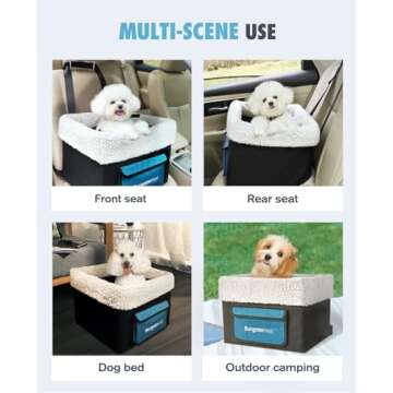 BurgeonNest Dog Carseat for Small Dogs, Puppy Portable Pet Booster Seat for Car with Upgrade Base Design, Adjustable Straps, with Storage Pockets, Clip-On Leash Portable Puppy Car Travel Carrier Bed