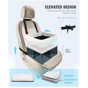BurgeonNest Dog Carseat for Small Dogs, Puppy Portable Pet Booster Seat for Car with Upgrade Base Design, Adjustable Straps, with Storage Pockets, Clip-On Leash Portable Puppy Car Travel Carrier Bed