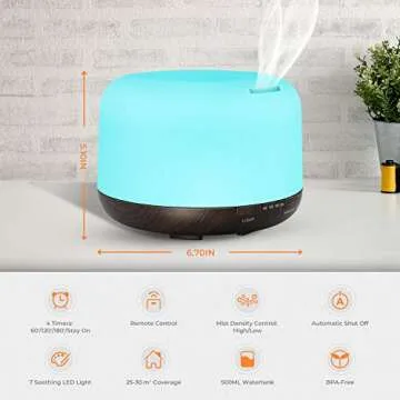 UOKIER Essential Oil Diffuser, 500ml Diffusers for Essential Oils with Remote Control, Ultrasonic Aromatherapy Diffuser Humidifier with Adjustable Cool Mist, Mood Lights, Timer & Waterless Auto-Off