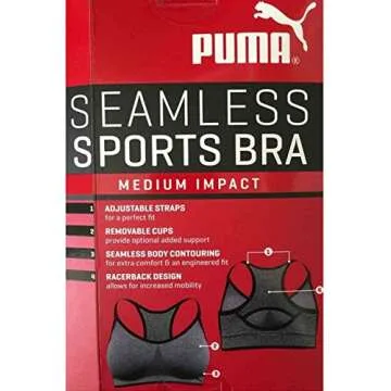 Puma Seamless Sports Bra with Removable Cups, Large, Grey