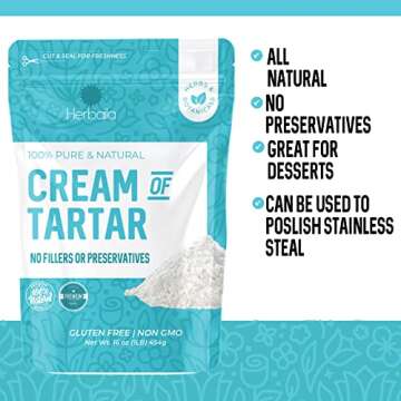 Herbaila Cream of Tartar for Baking 1lb, Gluten Free, Premium All Natural Food-grade Cream of tartar bulk, natural choice tartar powder - great for meringues, bath bombs, cream of tarter 1 lb