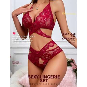 Donnalla Women Sexy Lingerie Set Two Piece Lace Bra and Panty Set Babydoll Sleepwear, Red, Small