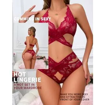 Donnalla Women Sexy Lingerie Set Two Piece Lace Bra and Panty Set Babydoll Sleepwear, Red, Small