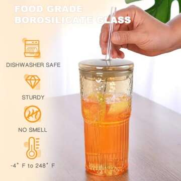Glass Cups with Lids and Straws, Amber 20 OZ Iced Water Glasses Tumblers for Ice Juice, Tea, Milk, S...