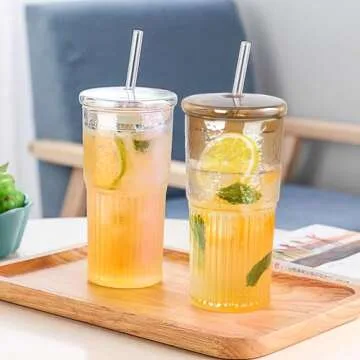 Elegant 20 oz Glass Tumblers with Lids and Straws