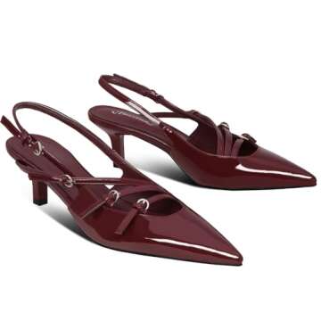 MUCCCUTE Burgundy Kitten Heels for Women Pointed Toe Slingback Low Heels with Buckle Strap Heeled Pu...