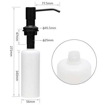 Built in Sink Soap Dispenser Matte Black 17oz Bottle Stainless Steel Pump Head 500ml