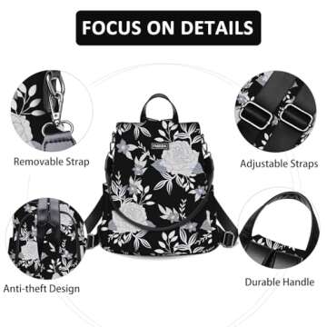 College Backpack Nylon Backpack Purse for Women Anti Theft Travel Backpacks Waterproof Crossbody Bag Convertible Backpack Fashion Book Bags Shoulder Bag Flower Mochilas de mujer 13"x5.9"x13.9"
