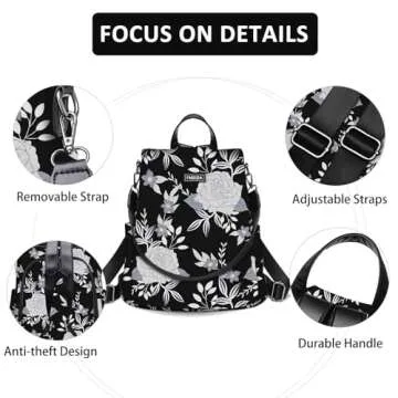 College Backpack Nylon Backpack Purse for Women Anti Theft Travel Backpacks Waterproof Crossbody Bag Convertible Backpack Fashion Book Bags Shoulder Bag Flower Mochilas de mujer 13"x5.9"x13.9"