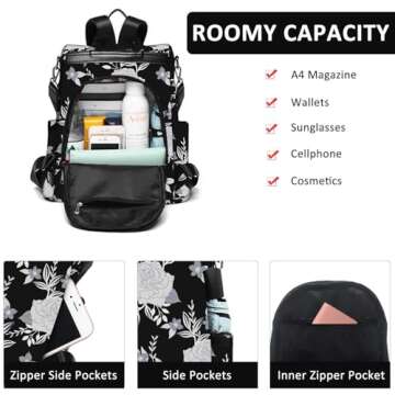 College Backpack Nylon Backpack Purse for Women Anti Theft Travel Backpacks Waterproof Crossbody Bag Convertible Backpack Fashion Book Bags Shoulder Bag Flower Mochilas de mujer 13"x5.9"x13.9"