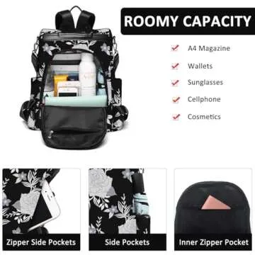 College Backpack Nylon Backpack Purse for Women Anti Theft Travel Backpacks Waterproof Crossbody Bag Convertible Backpack Fashion Book Bags Shoulder Bag Flower Mochilas de mujer 13"x5.9"x13.9"