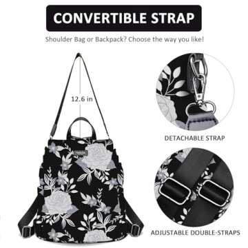 College Backpack Nylon Backpack Purse for Women Anti Theft Travel Backpacks Waterproof Crossbody Bag Convertible Backpack Fashion Book Bags Shoulder Bag Flower Mochilas de mujer 13"x5.9"x13.9"