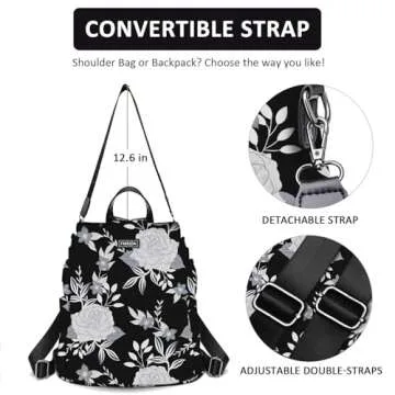 College Backpack Nylon Backpack Purse for Women Anti Theft Travel Backpacks Waterproof Crossbody Bag Convertible Backpack Fashion Book Bags Shoulder Bag Flower Mochilas de mujer 13"x5.9"x13.9"