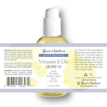 Best of Nature Vitamin E Oil 28,000 IU - Unscented Moisturizer for Hair, Skin, Face & Hands - Damage Repair Formula