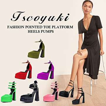 Tscoyuki Women's Fashion Pointed Toe Platform Heels, Buckle Straps Chunky Block High Heel Pumps Date...