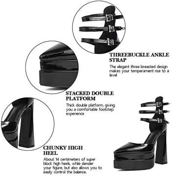 Tscoyuki Women's Fashion Pointed Toe Platform Heels, Buckle Straps Chunky Block High Heel Pumps Date Dress Shoes